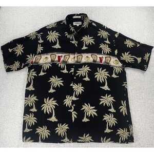 Campia Moda Shirt Mens XL Hawaiian Palm Tree Cocktail Black Short Sleeve EUC
